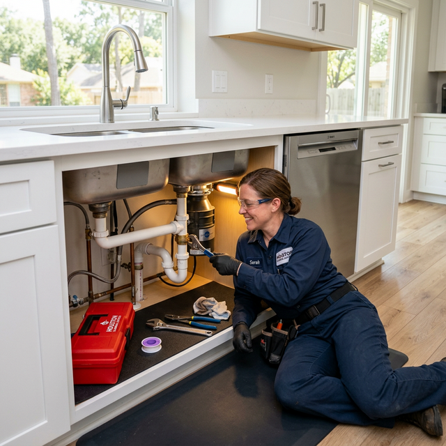 Licensed Houston plumber repairing kitchen sink pipes in a modern home